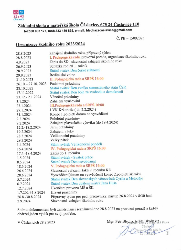 Organizace školního roku 2023-24
